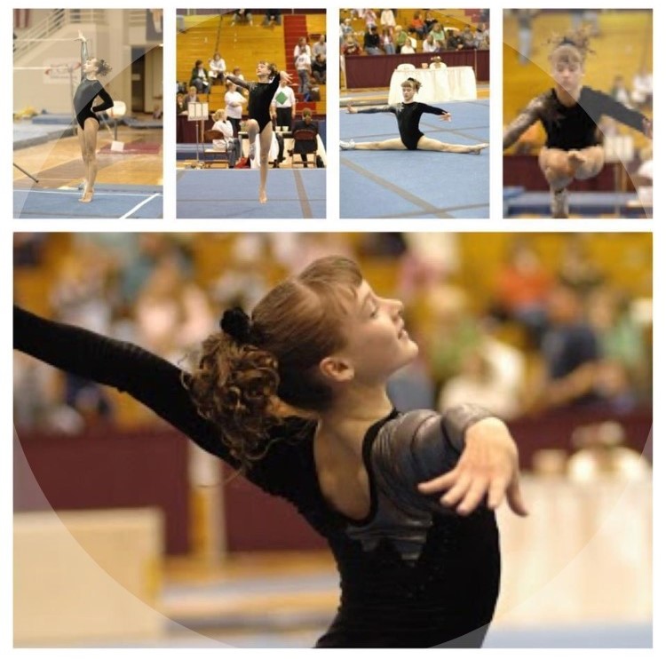 A collage of Kendra performing gymnastics as a young adolescent, prior to her diagnosis.