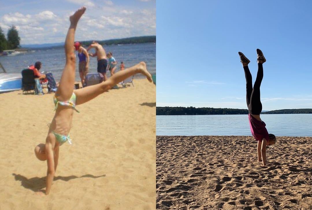 Two photos of Kendra doing a handstand on the beach: one from during her cancer treatment and one from post-treatment.