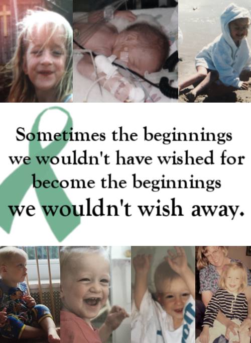 An image with the words "Sometimes the beginnings we wouldn't have wished for become the beginnings we wouldn't wish away." 

There's a green CP awareness ribbon behind the words, and above and below are photographs from the author's childhood.